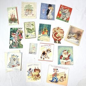 Vintage Lot of 15 Used Greeting Cards 1920s -1960s Christmas Birthday Get Well